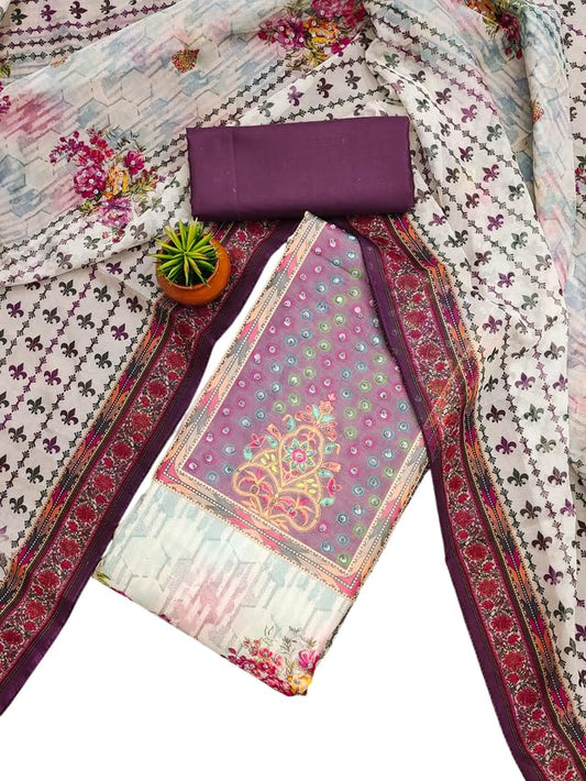 VARNI FABRICS Organza Dress Material for Women Solid Unstitched Woman Salwar Suit Dress Material With Organza Dupatta White Wine