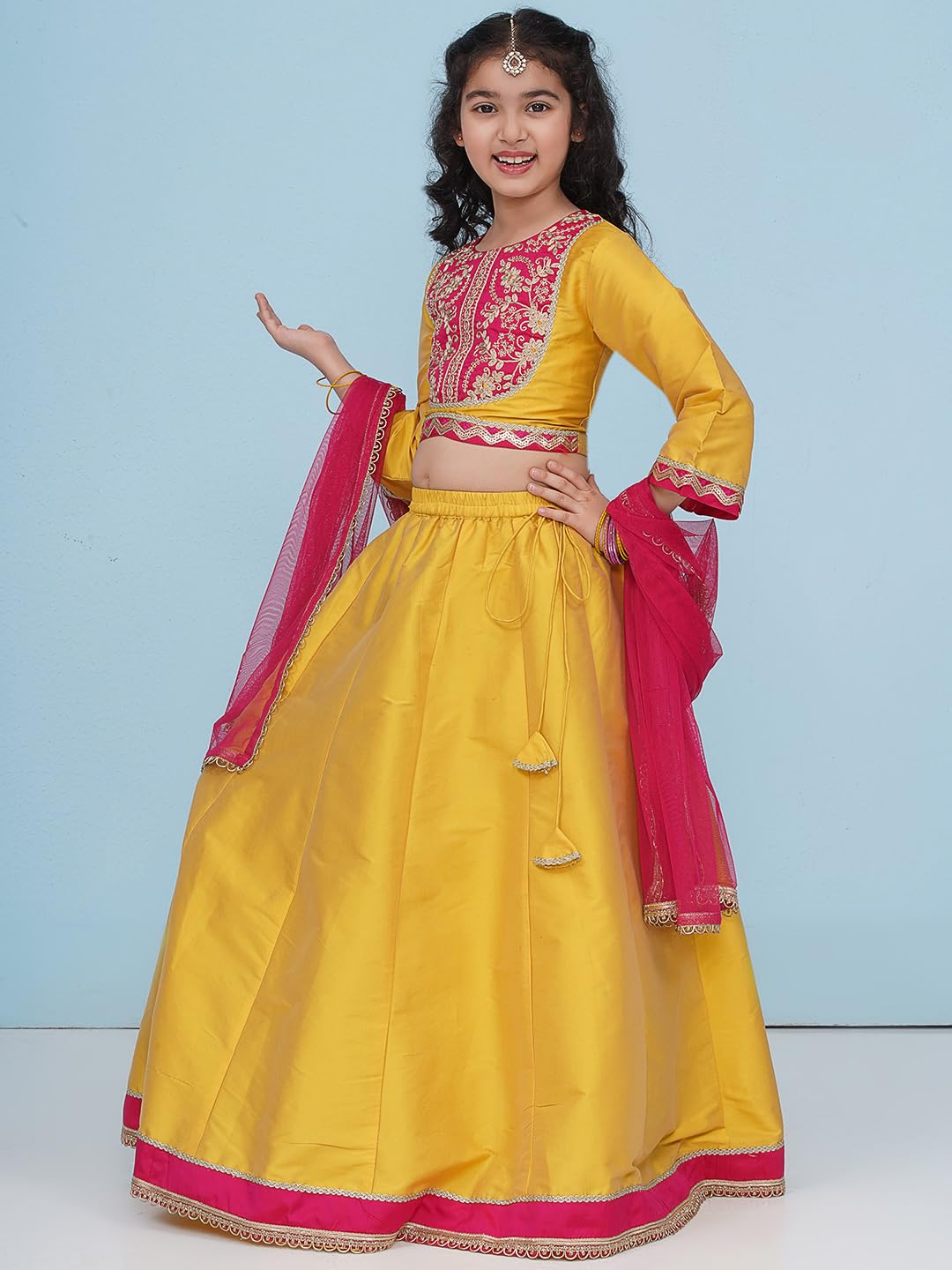 Bitiya by Bhama Girls Boho Design Yellow Pink Embroidered Choli & Ready to Wear Lehenga With Dupatta.