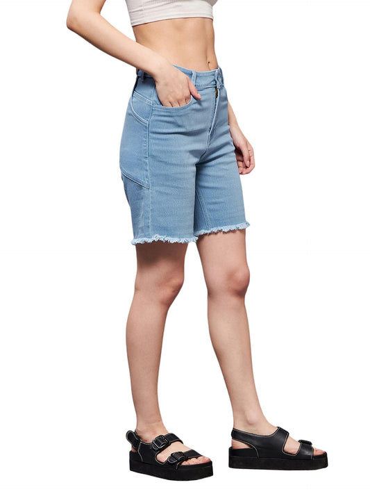 Miss Chase Women's Regular Length High Rise Clean Look Above Knee Stretchable Denim Shorts (MCSS22DEN09-05-158-36, Light Blue, 36)