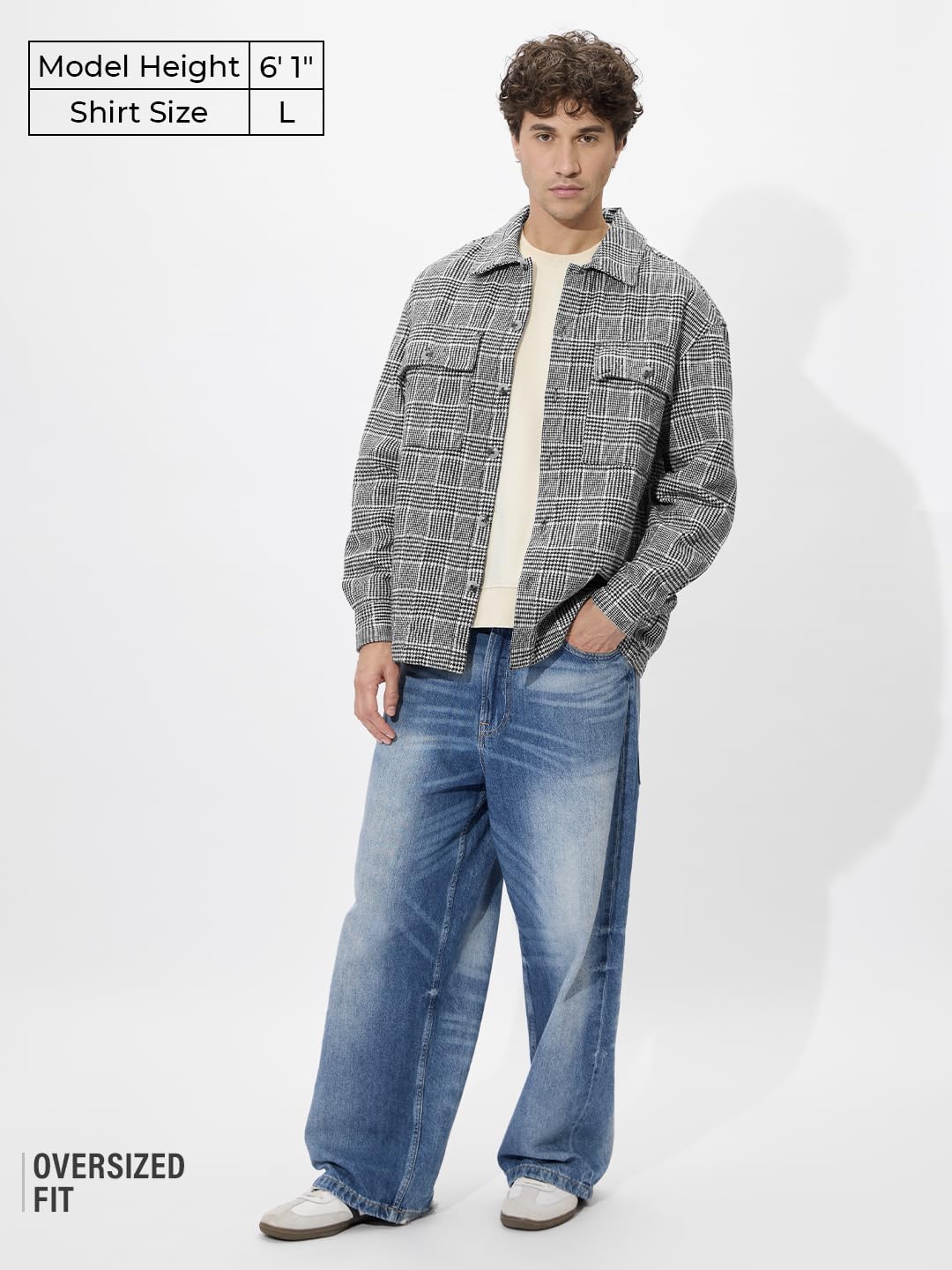 The Souled Store Houndstooth Pattern Men and Boys Long Sleeves Collared Neck Button Front Grey Cotton Oversized Shackets