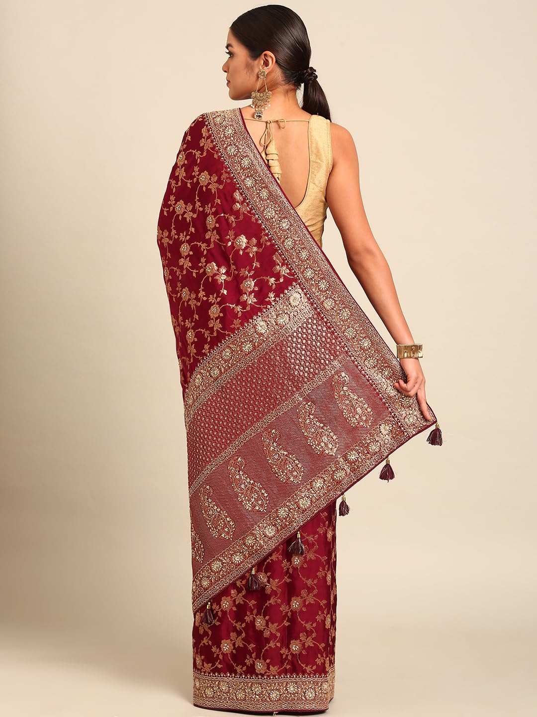 MOHEY Wine Satin Zari Weave |Stone Work Saree for Women