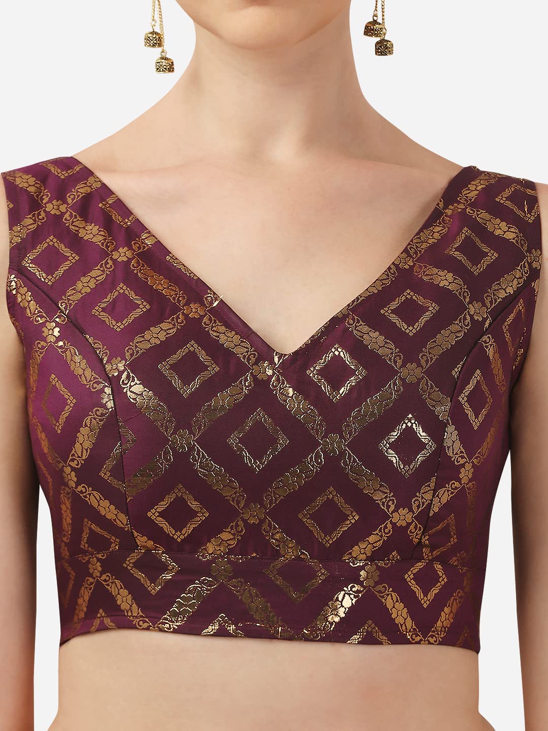 OOMPH! Women's Indian Ethnic Wear Designer Double Square Pattern Lace Work V Neck Sleeveless Purple Color Jacquard Readymade Blouse for Saree or Lehnga and Fusion Twist. L