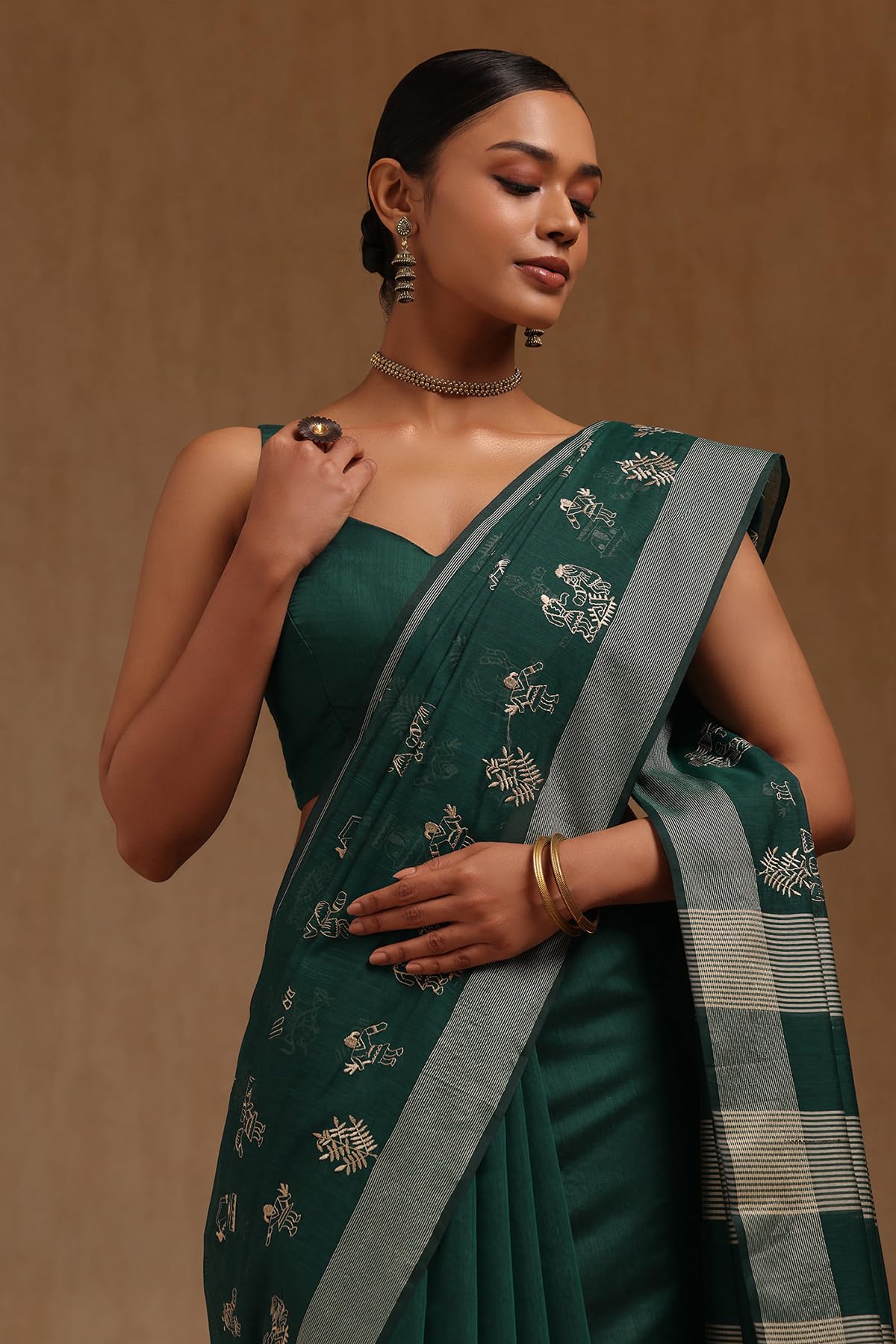Soch Womens Teal Green Chanderi Warli Print Saree With Thread Work