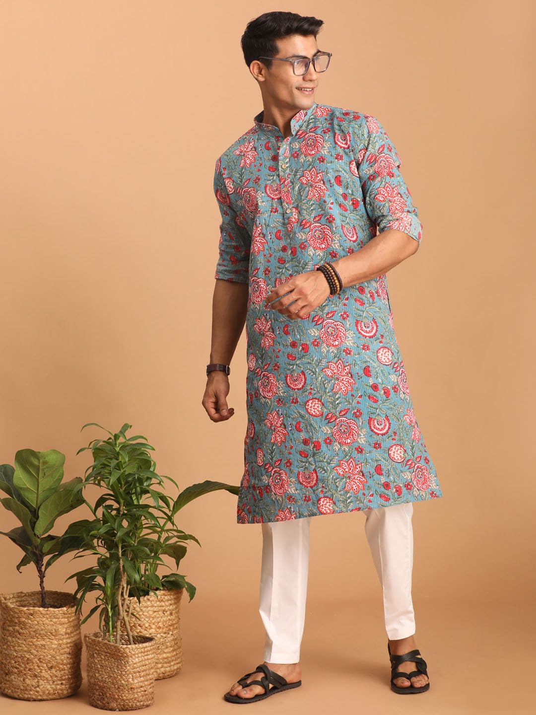 VASTRAMAY Men’s Cotton Regular Fit Regular Aqua Kurta | Elegant Ethnic Wear for Weddings & Festive Celebrations