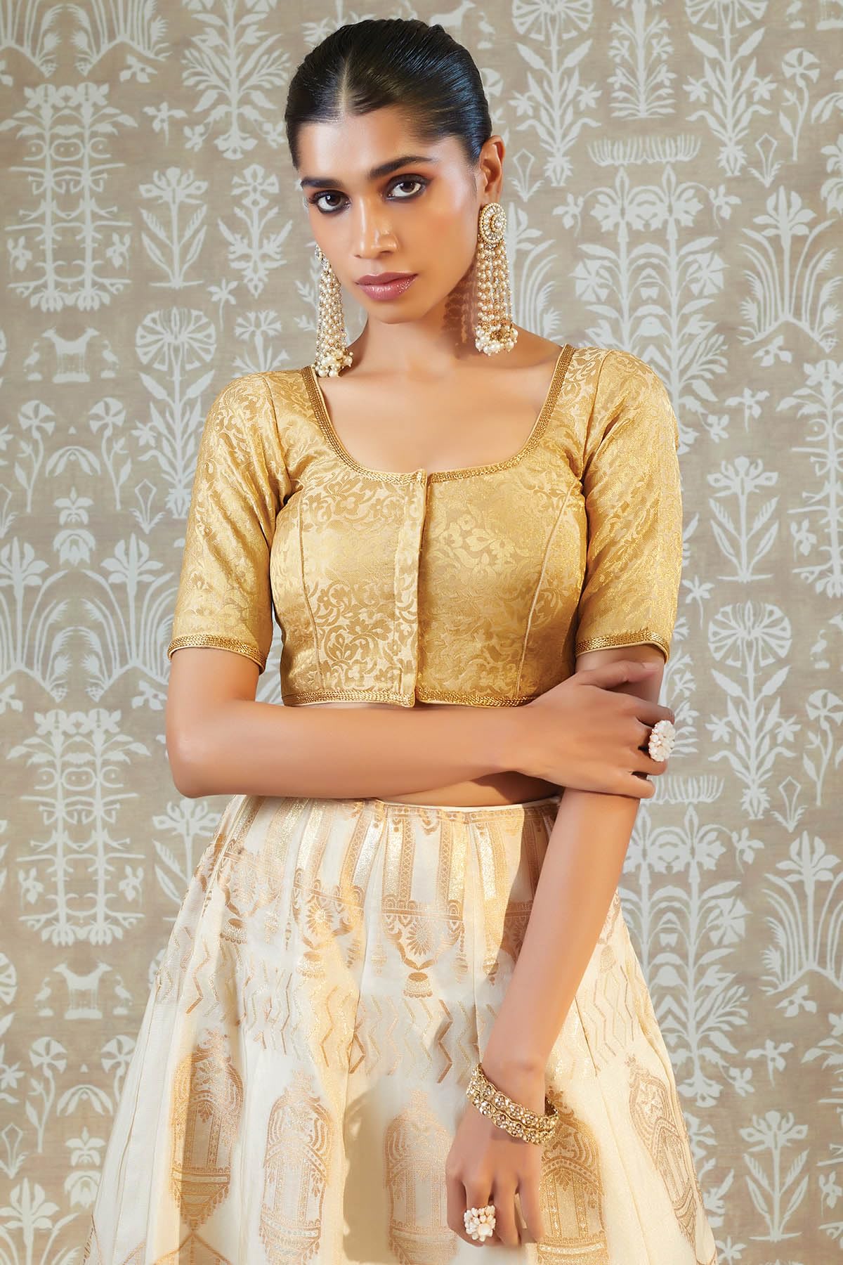 Soch Women Gold Art Silk Floral Blouse(Gold_34)