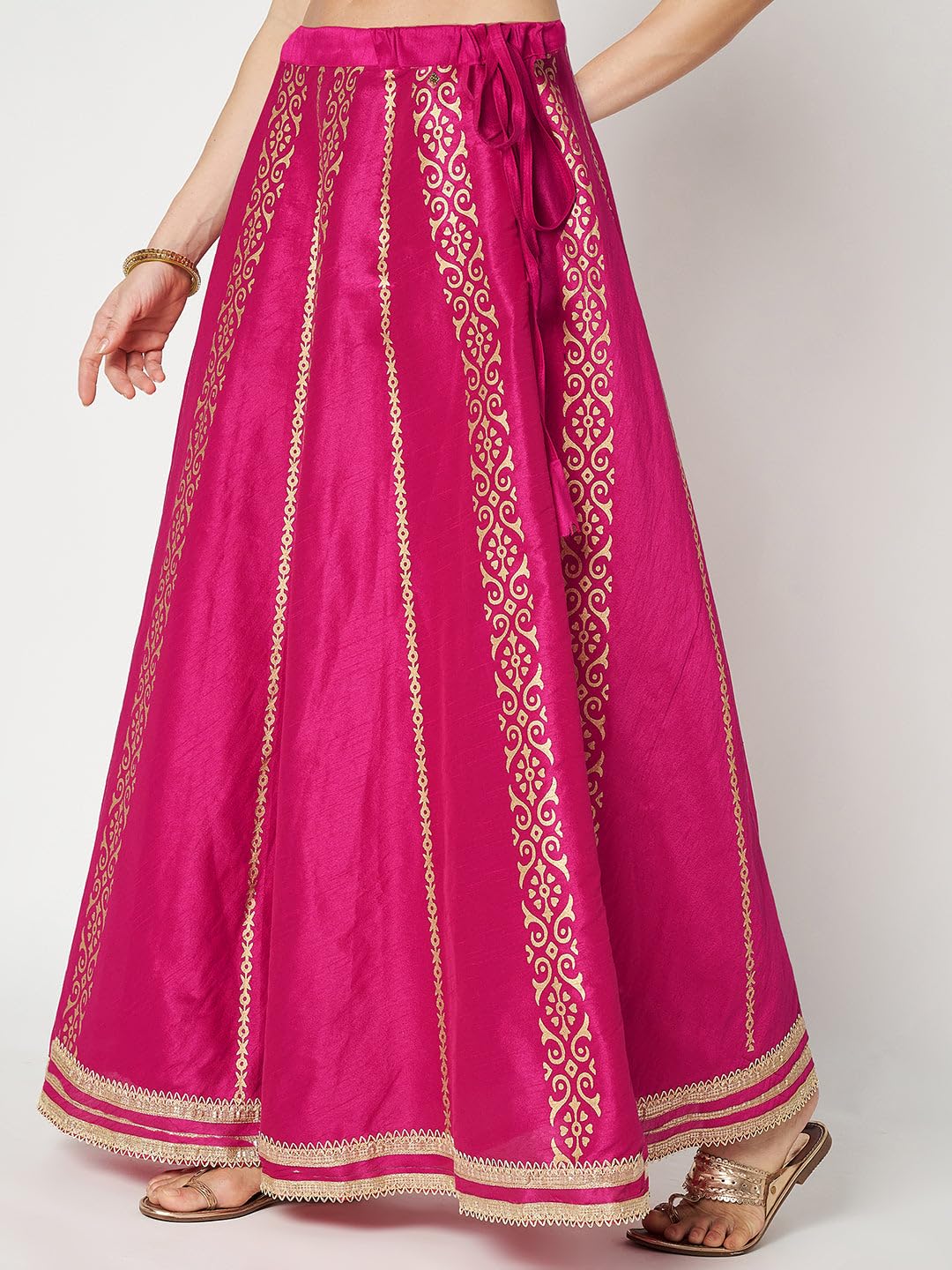 studio rasa Women's Dupion Hand Block Printed Embellished Bias Skirt for Wedding Festive Party (SKTC52412_Pink_X-Large)