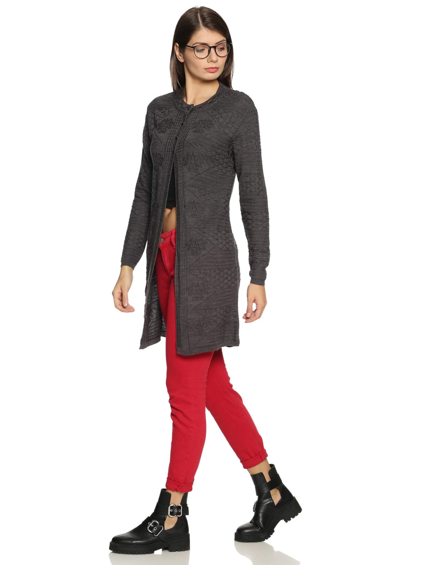 Clapton Winter WearWool Blend Round Neck Full Sleeve Button Self Design/Solid Long Shrug for Women-REXNV4001-MDGREY_L Grey