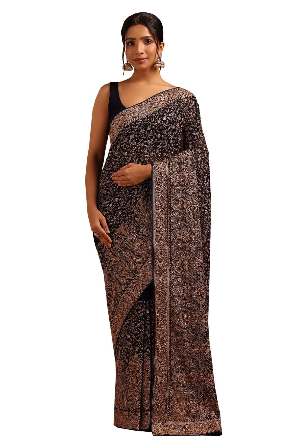 Soch Womens Navy Blue Georgette Botanical Saree With Stone Work
