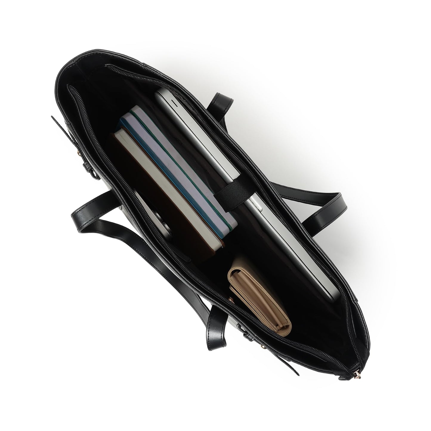 Fastrack Black Powermode Laptop Tote For Women | Black Faux Leather Bag | Fits Upto 15" Laptop | Ladies Tote Bag with Zipper Closure & Utility Pockets