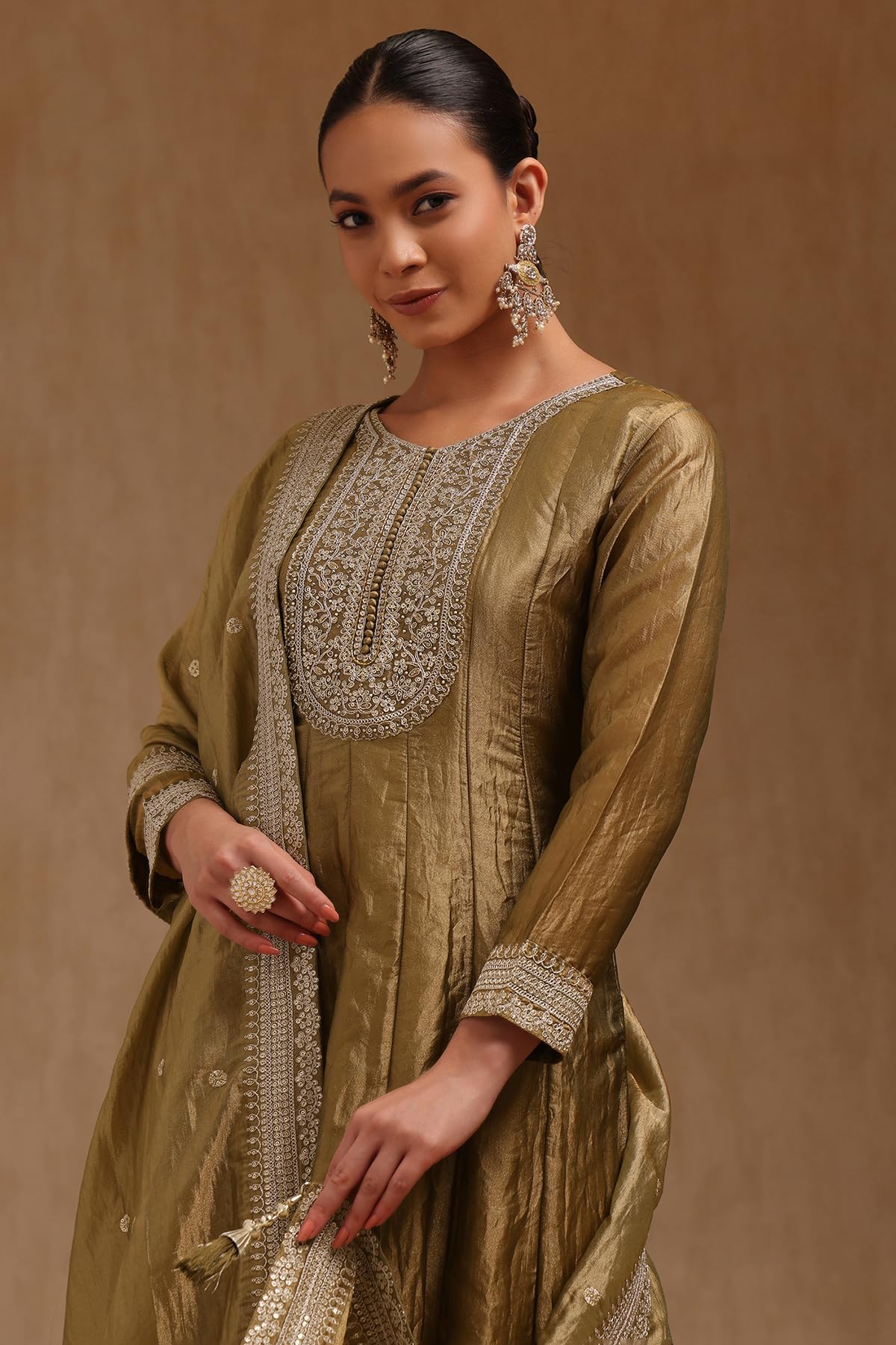 Soch Womens Olive Tissue Embroidered Salwar Suit With Sequins