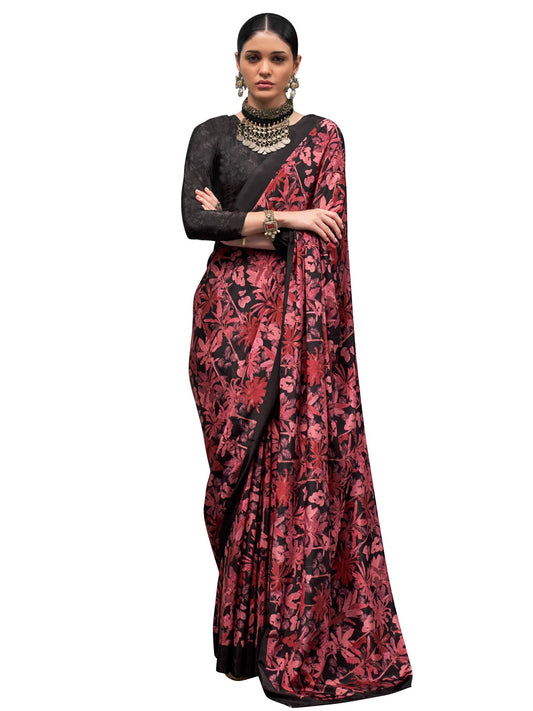 SAREE MALL Women's Black Crepe Bagru Printed Saree With Blouse Piece (KERNIA16002_RB)