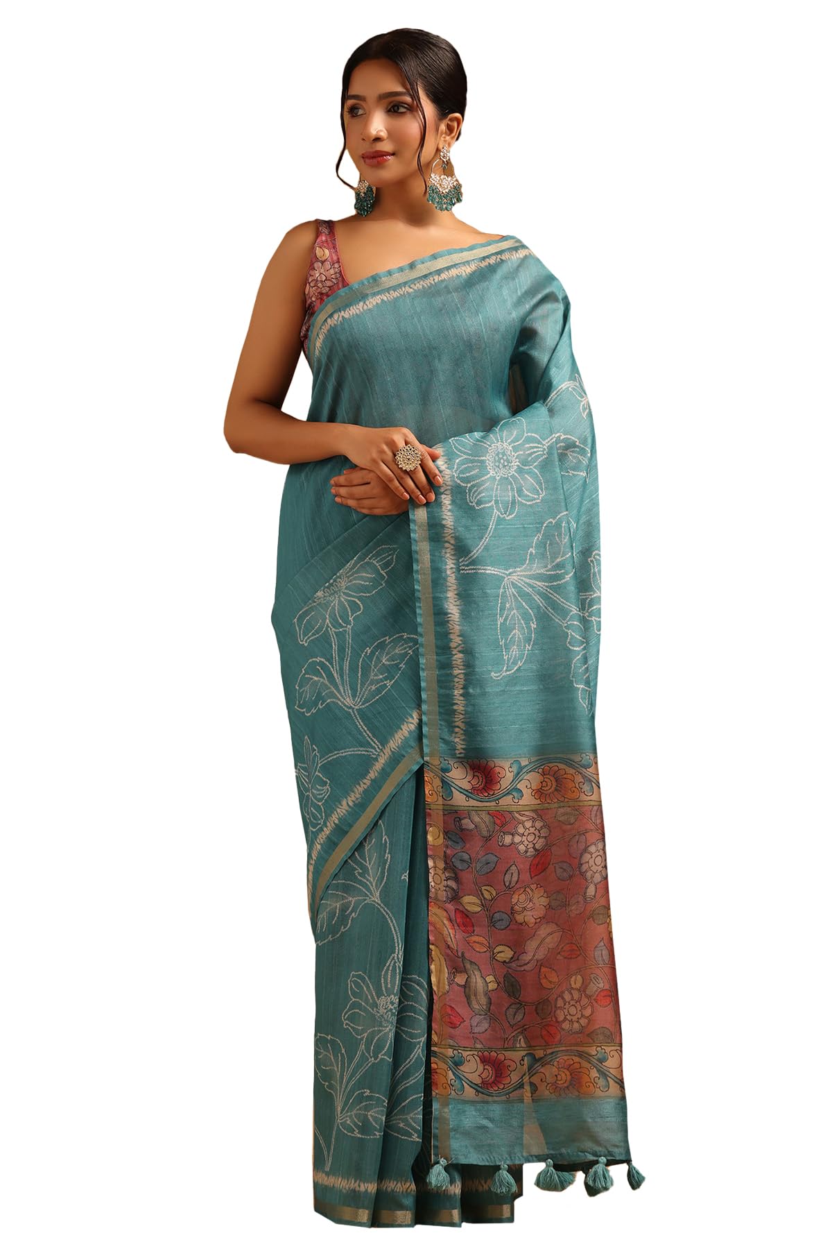 Soch Womens Turquoise Blue Tussar Floral Saree