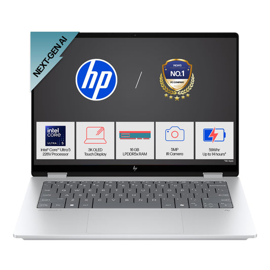 HP OmniBook X Flip (Previously Envy), Intel Core Ultra 5 226V, 40 Tops, (16GB LPDDR5X, 512GB SSD) 3K, OLED, 14''/35.6cm, Touch, Win11, Office24, Silver,1.38kg, fm0058TU, 5MP Camera, Next Gen AI Laptop
