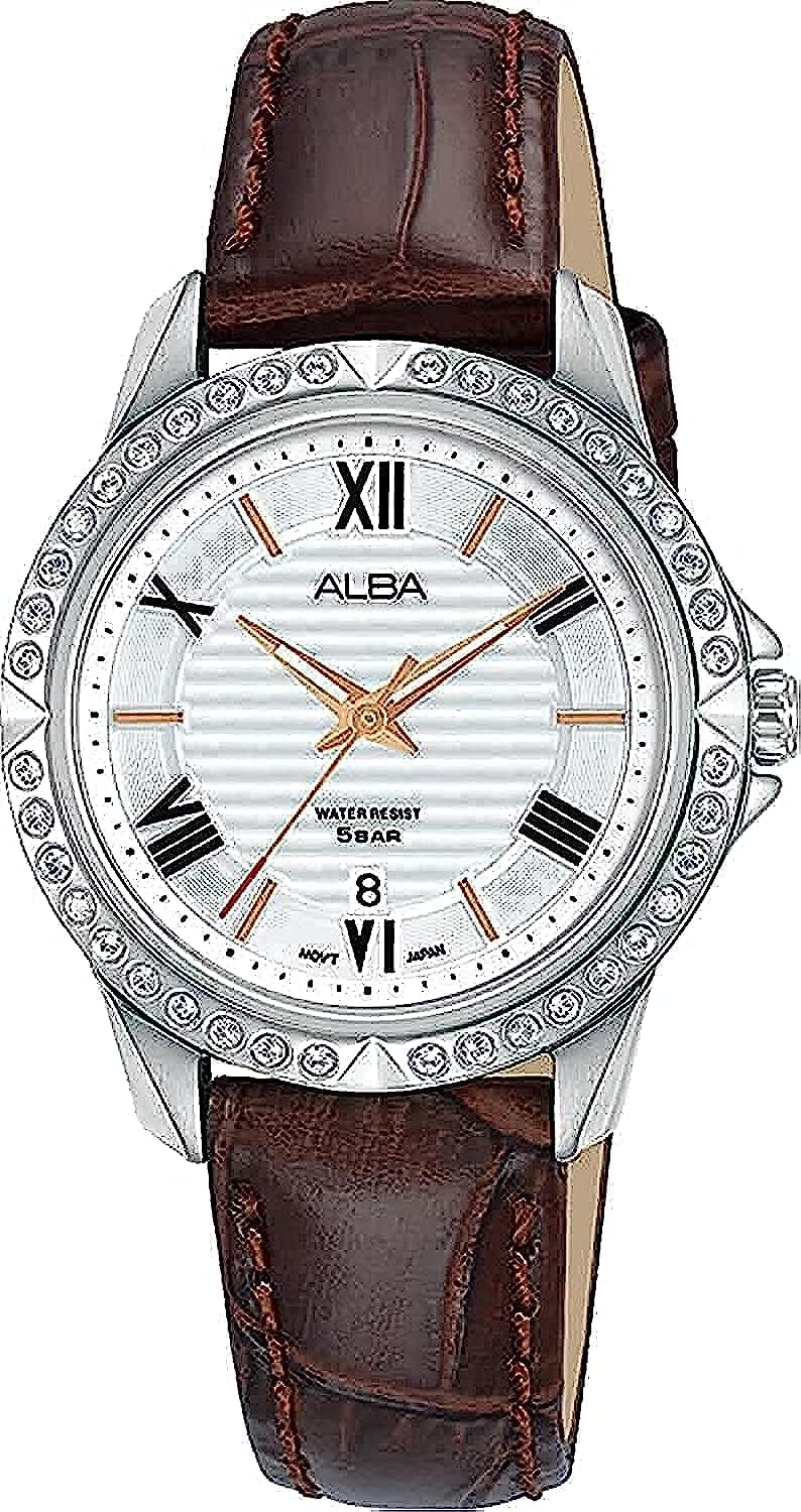 Alba Leather Women Analog Wristwatch Ah7X03X1, White Dial, Brown Band