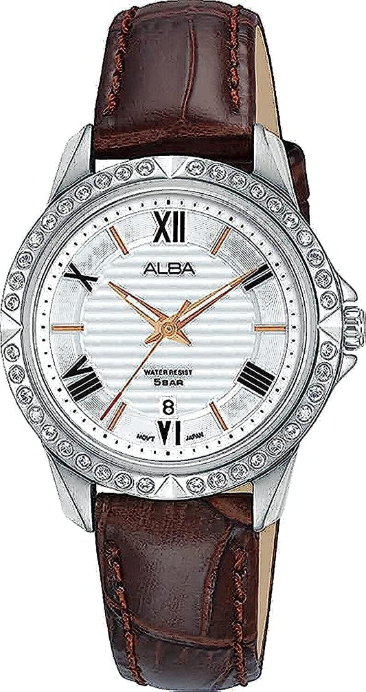 Alba Leather Women Analog Wristwatch Ah7X03X1, White Dial, Brown Band