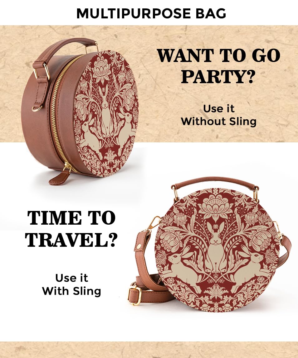 Kalankit Round Sling Bag for Women | Lightweight Vegan Leather Crossbody | Stylish Compact Purse | Trendy Bags for Women | Valentine Gift for Wife | Modern Damask Year Of The Rabbit