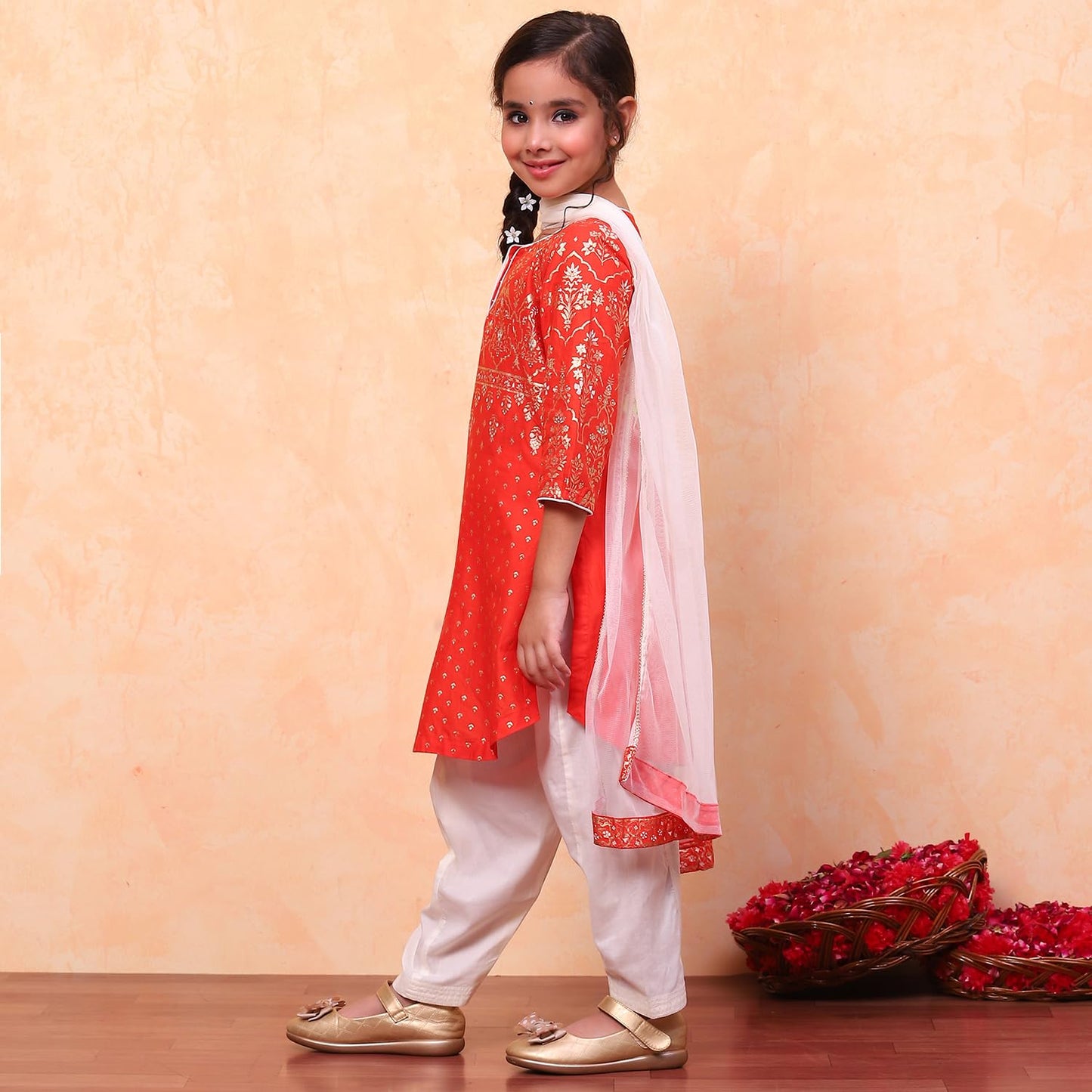 BIBA Girls Orange Straight Cotton Printed Kurta suit set