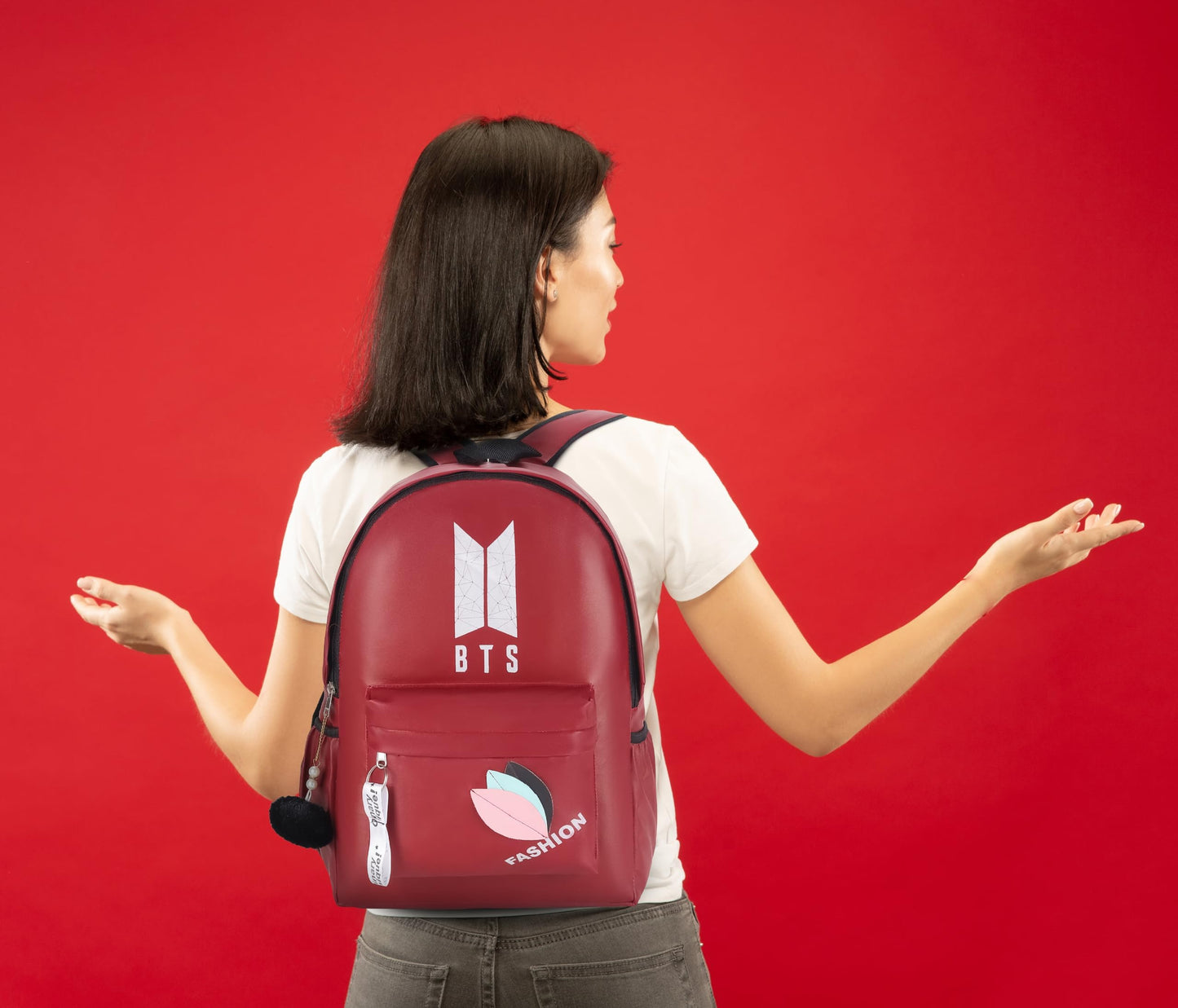 Kausbabi BTS Backpack for Girls & Boys | Stylish Waterproof School Bag with Fashion Design & Pom Pom Keychain | Lightweight Travel & College Backpack for Teens & K-Pop Fans-Best Gift