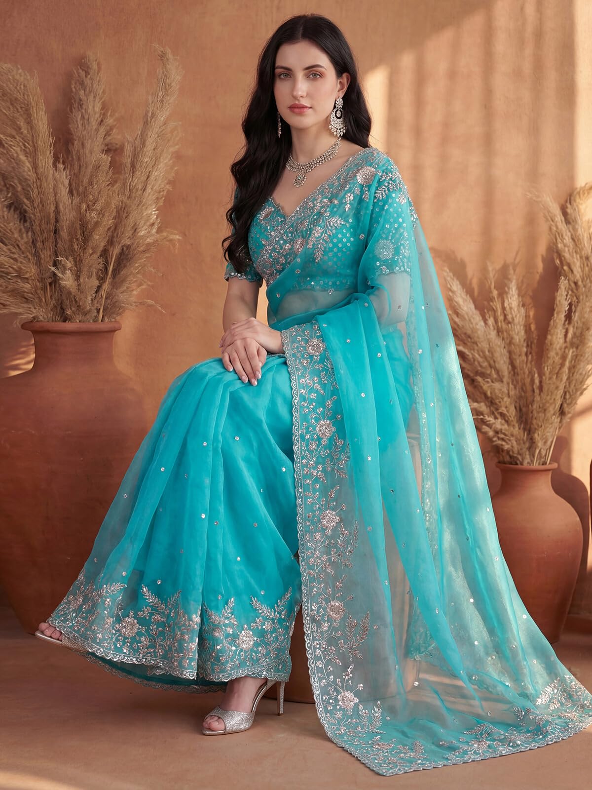 SIRIL Women's Organza Scalloped Border Embellished Sequins Embroidery Saree with Unstitched Blouse Piece (4472S118A_Turquoise Blue)