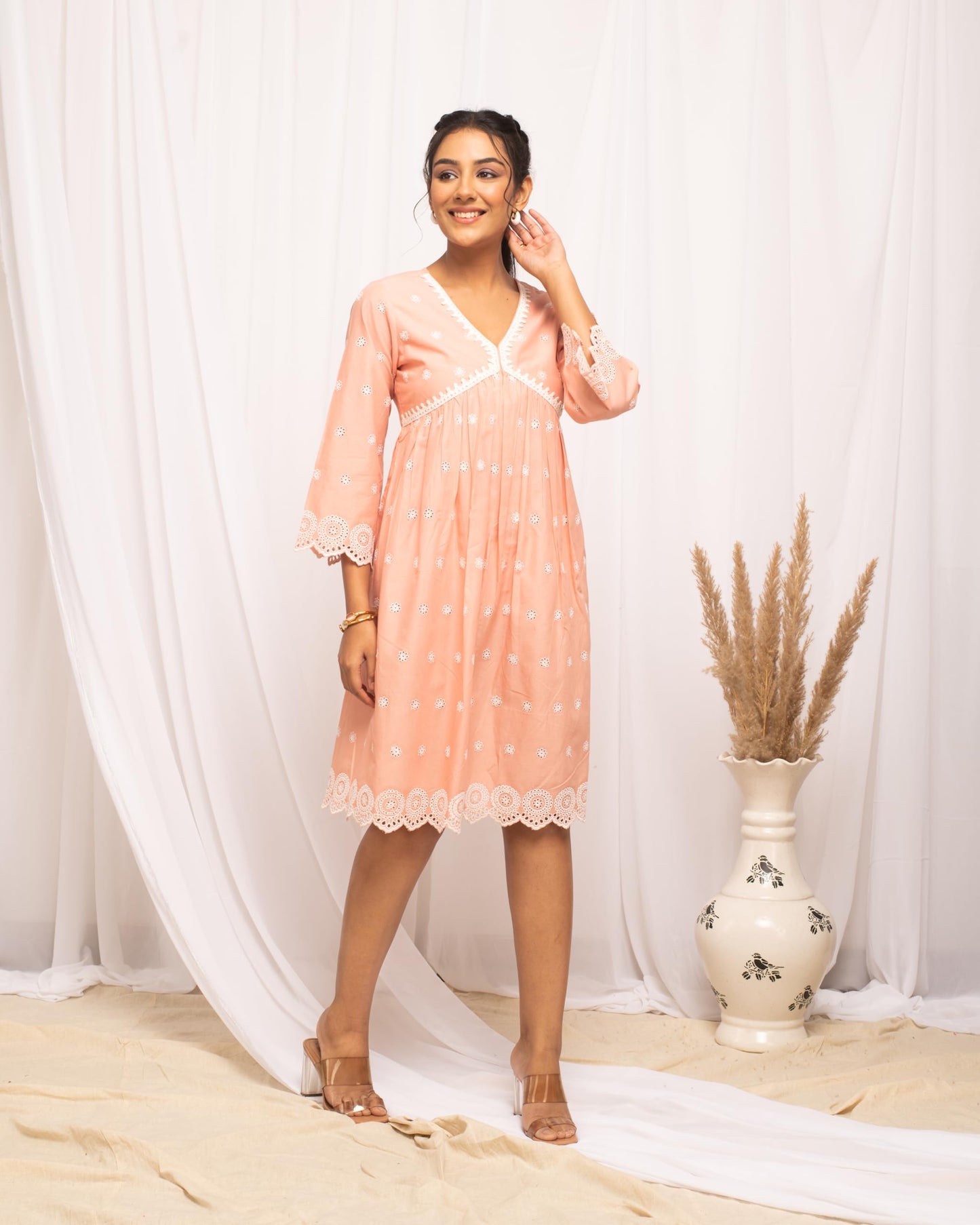 FIORRA Women's Peach Schiffli Work Cotton Skater Dress DR0007