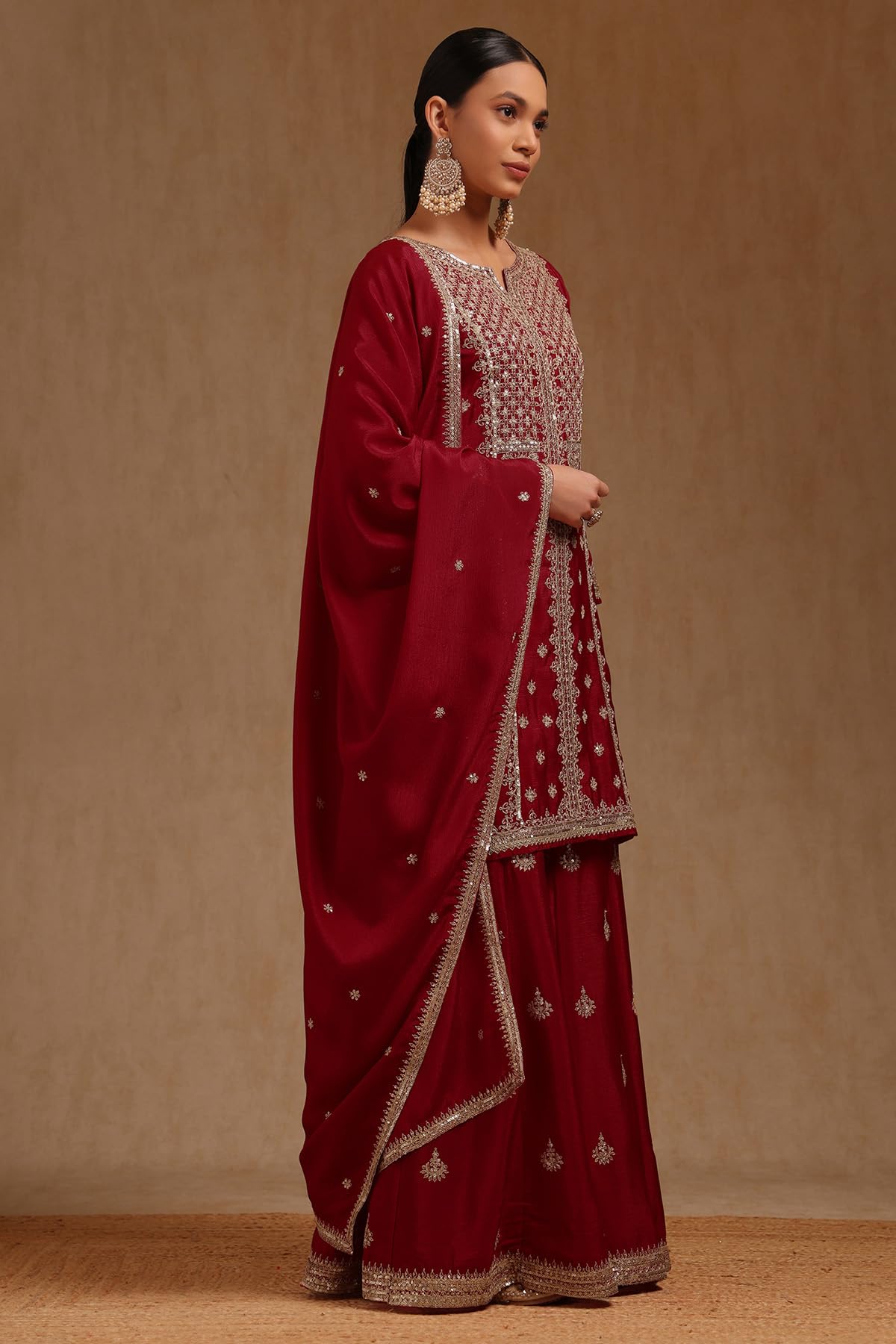 Soch Womens Brick Red Chinon Sequin Embellished Salwar Suit