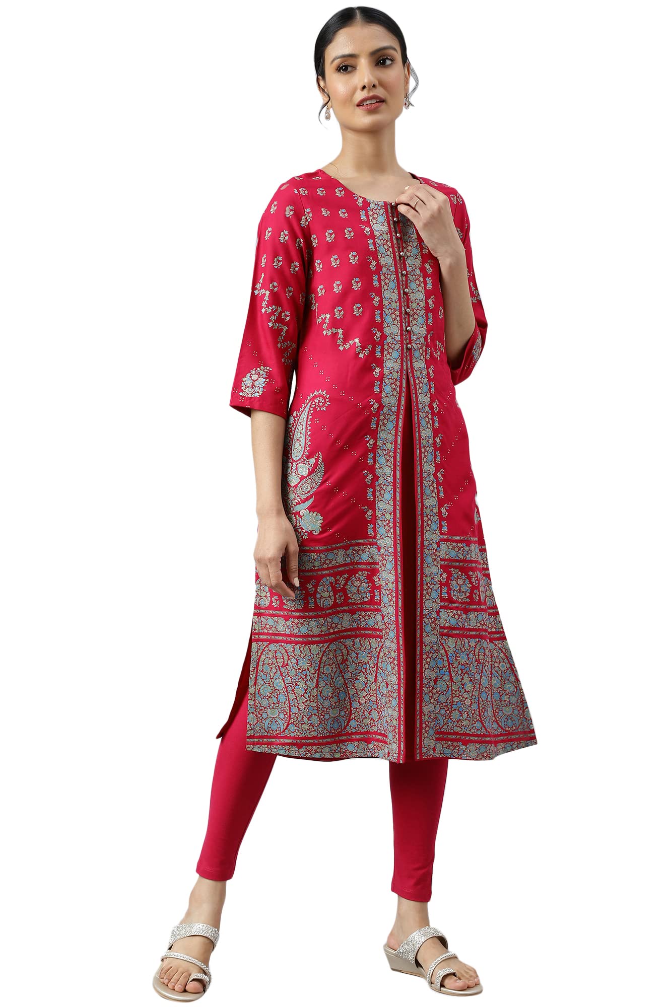 W for Woman Pink Placement Print Rayon Kurta