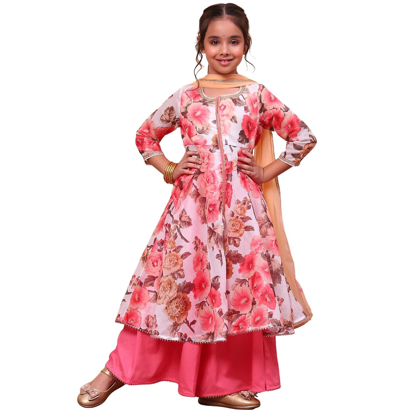 Biba Girls White Flared Poly Modal Printed Kurta suit set