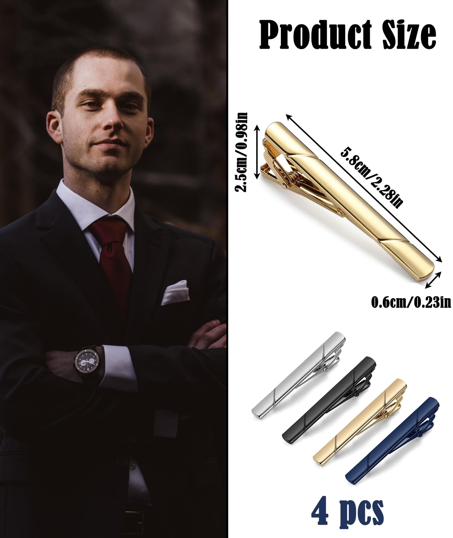 4 Pcs Tie Pin, Tie Pin for Men Formal, Tie Clip for Men Plain Twill Tie Clip High-End Fashion Business Tie Clip Suitable for Formal Suit for Men (Black Silver Gold Blue)