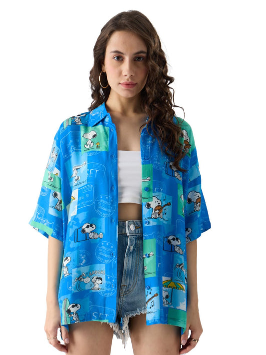 The Souled Store TSS : Peanuts: Beach Day Women and Girls Oversize Fit Half Sleeves Cotton Blue Shirt (233803_Blue) Shirts Casual Button-Down Half Sleeve Printed Graphic Short Sleeve Casual Workwear
