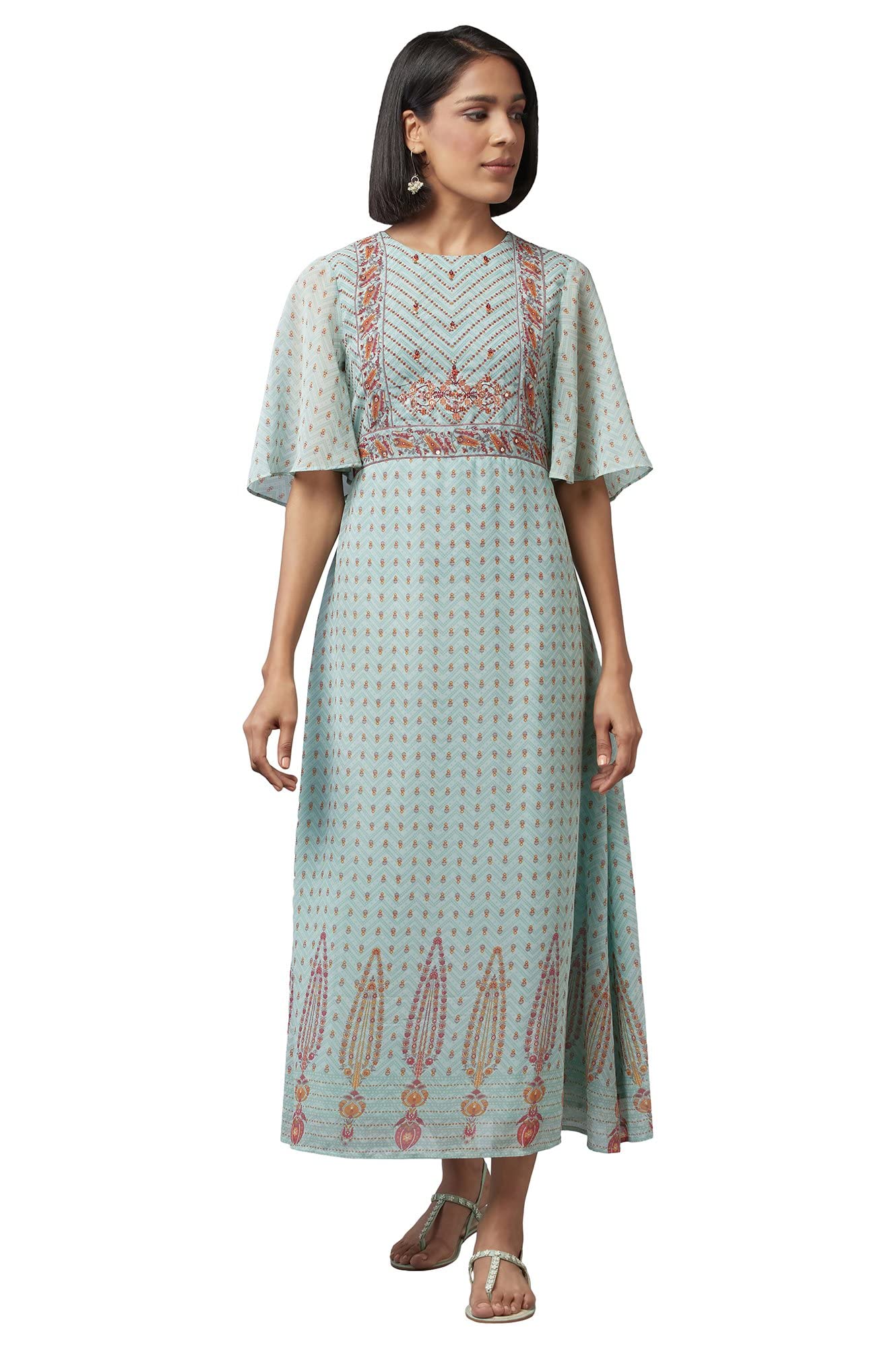W for Woman Women's Georgette Harbour Green Asymmetric Dress Floor Length (22FEW16071-116585 S)
