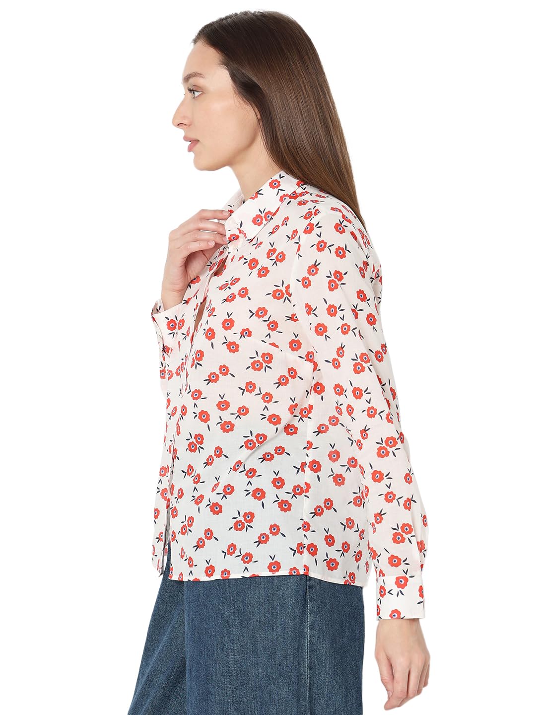 VERO MODA Women Floral Print Orange Cotton Regular Fit Shirt