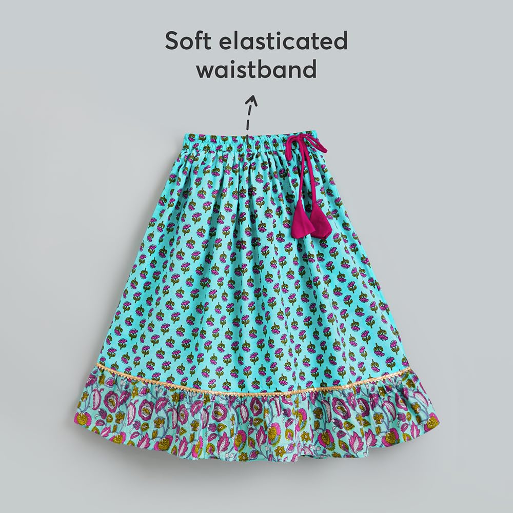 Hopscotch Hoscotch Girls Floral Blue Sleeveless 2 Piece Groove & Flow Cotton Lehenga Choli Set For Ages (5-6 Years)