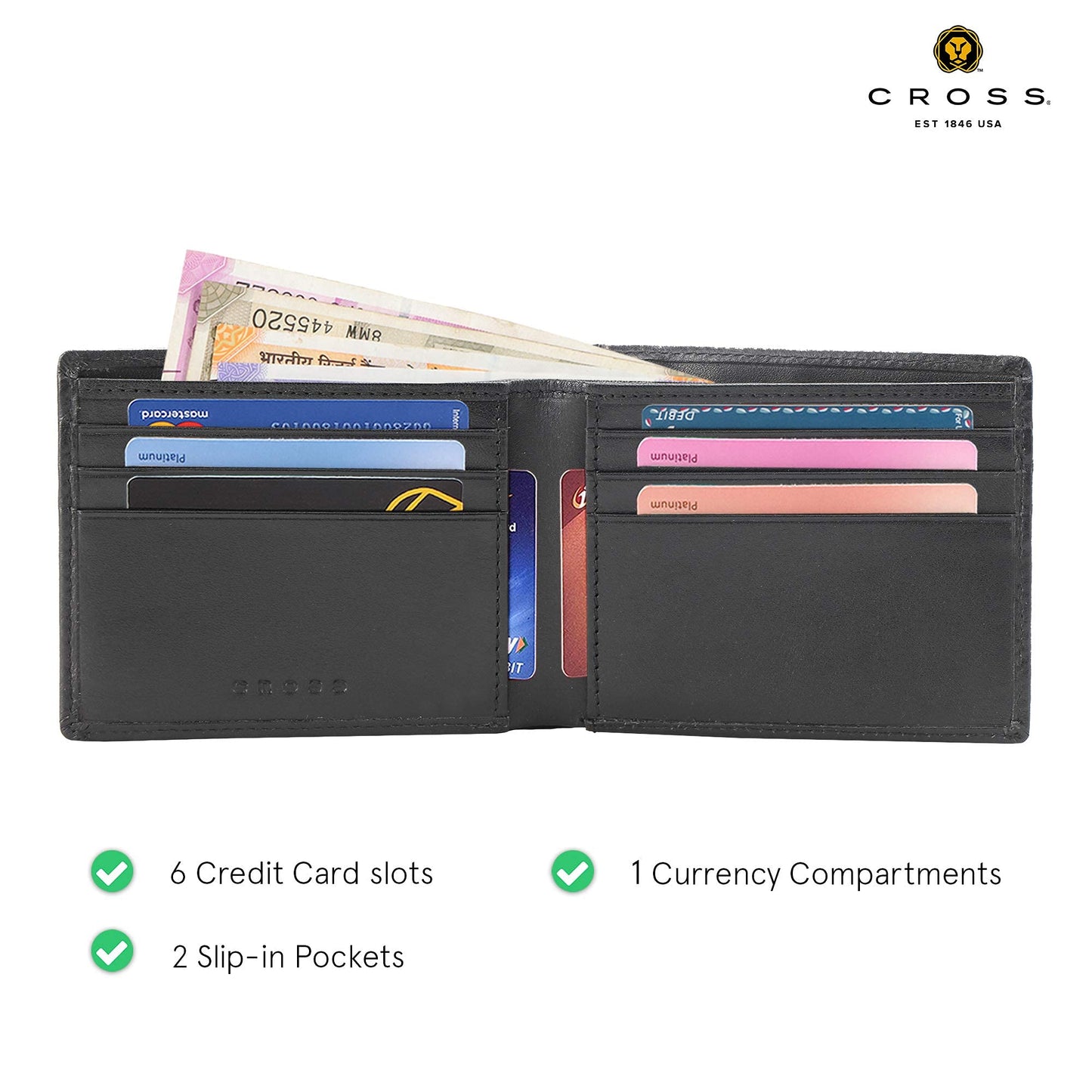 Cross Classic Century Branded Compact Wallets for Men Leather with Easy Compartment for Card - Black