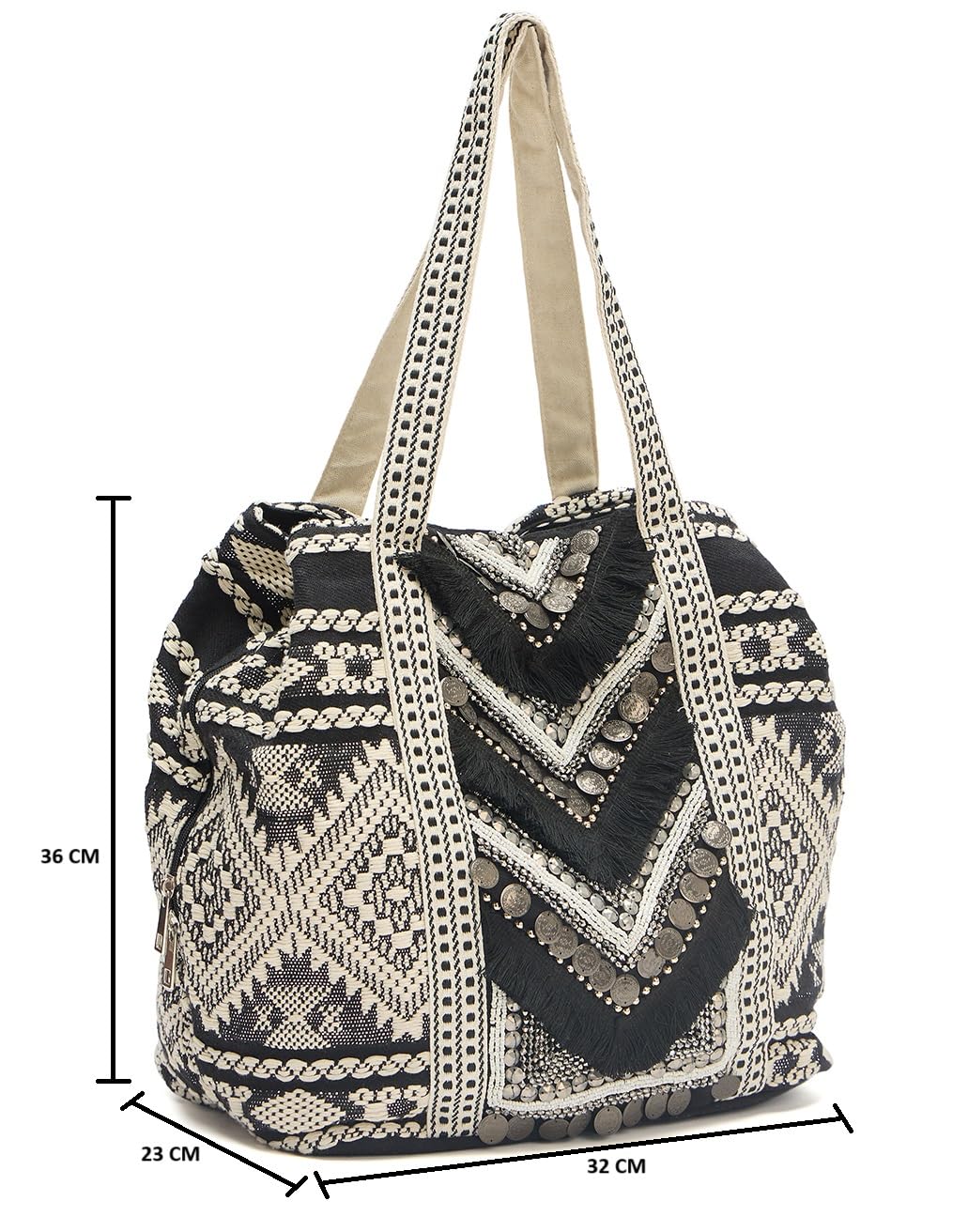 PRIMROSE Boho Beach Tote Bag (Black and Beige)