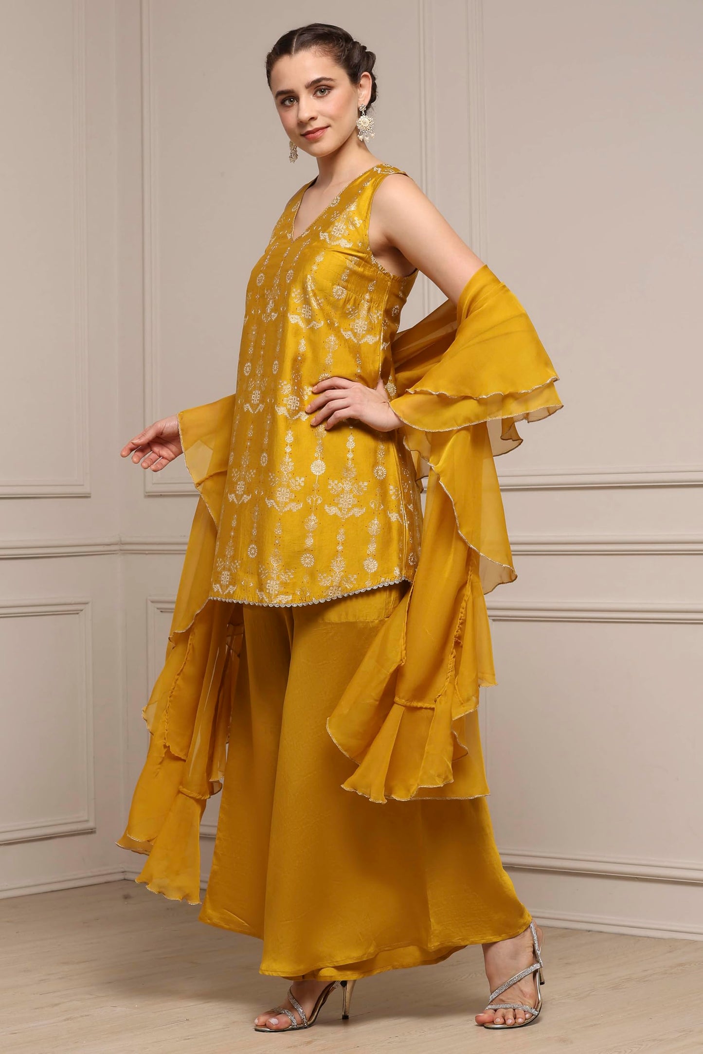 Biba Women Yellow Viscose Blend A-Line Printed Garara Suit Set_34