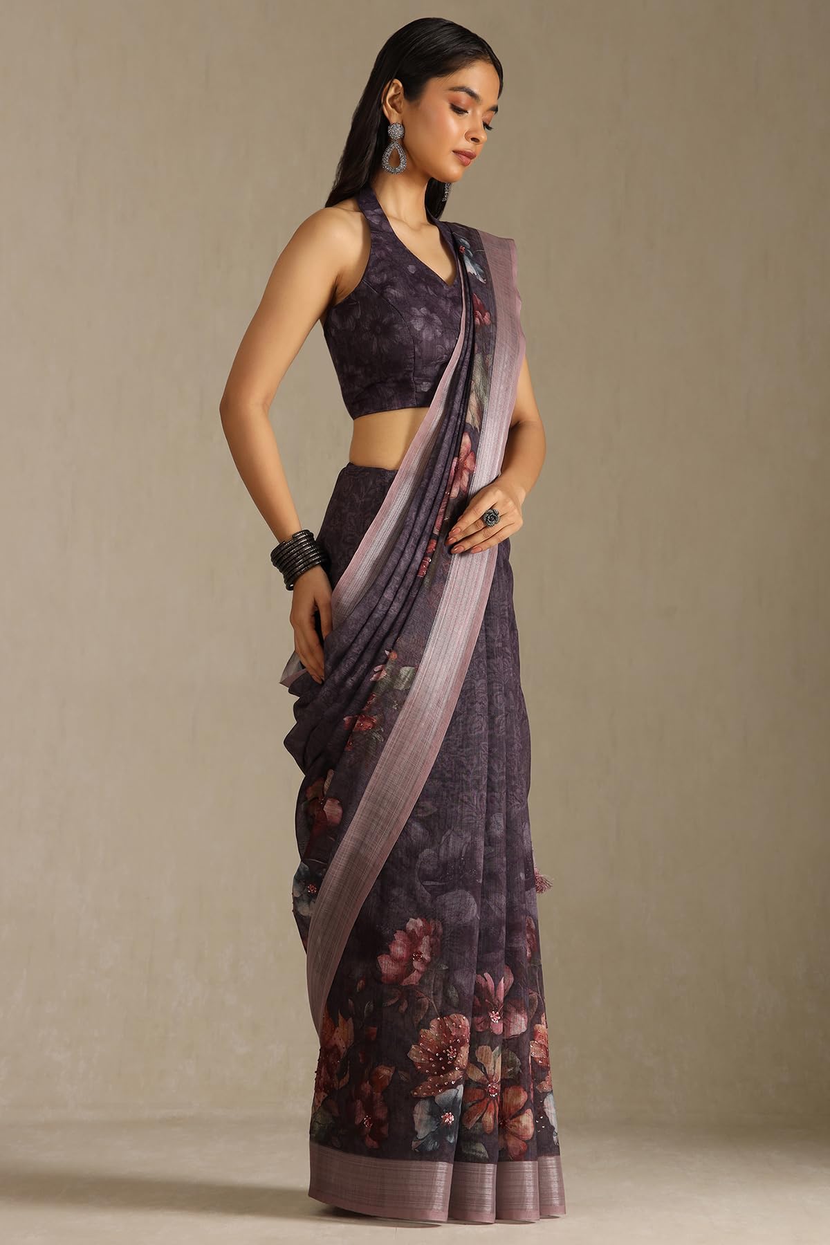 Soch Womens Wine Linen Floral Print Saree With Sequins