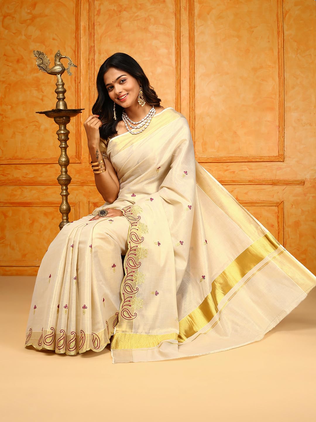 RAMRAJ COTTON Kerala Cream Gold Jari Weaving Saree (Cream_13)