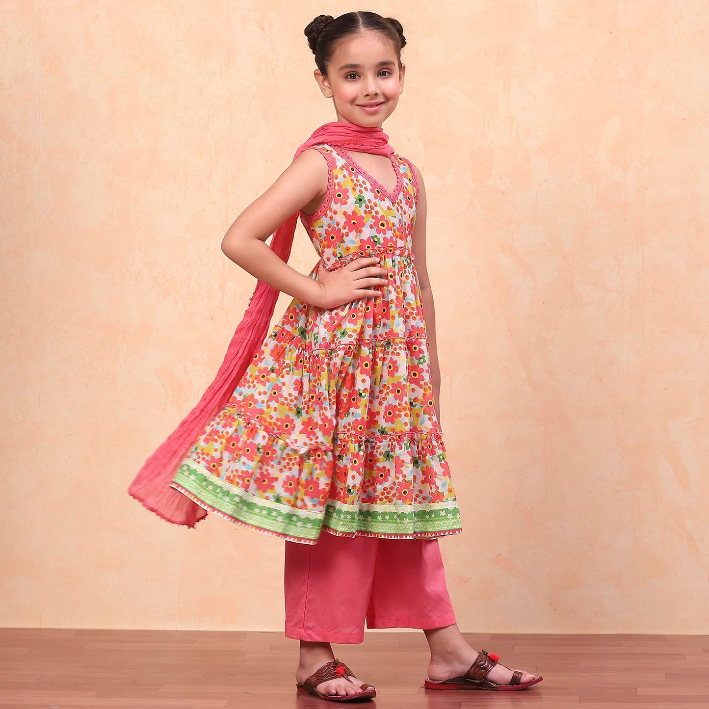 BIBA Girls Coral Tiered Cotton Printed Kurta suit set