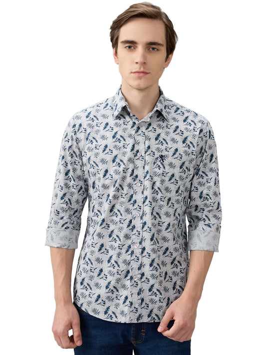 Giordano Men's Grey Slim Fit Cotton Printed Long Sleeves Casual Shirt with Chest Pocket