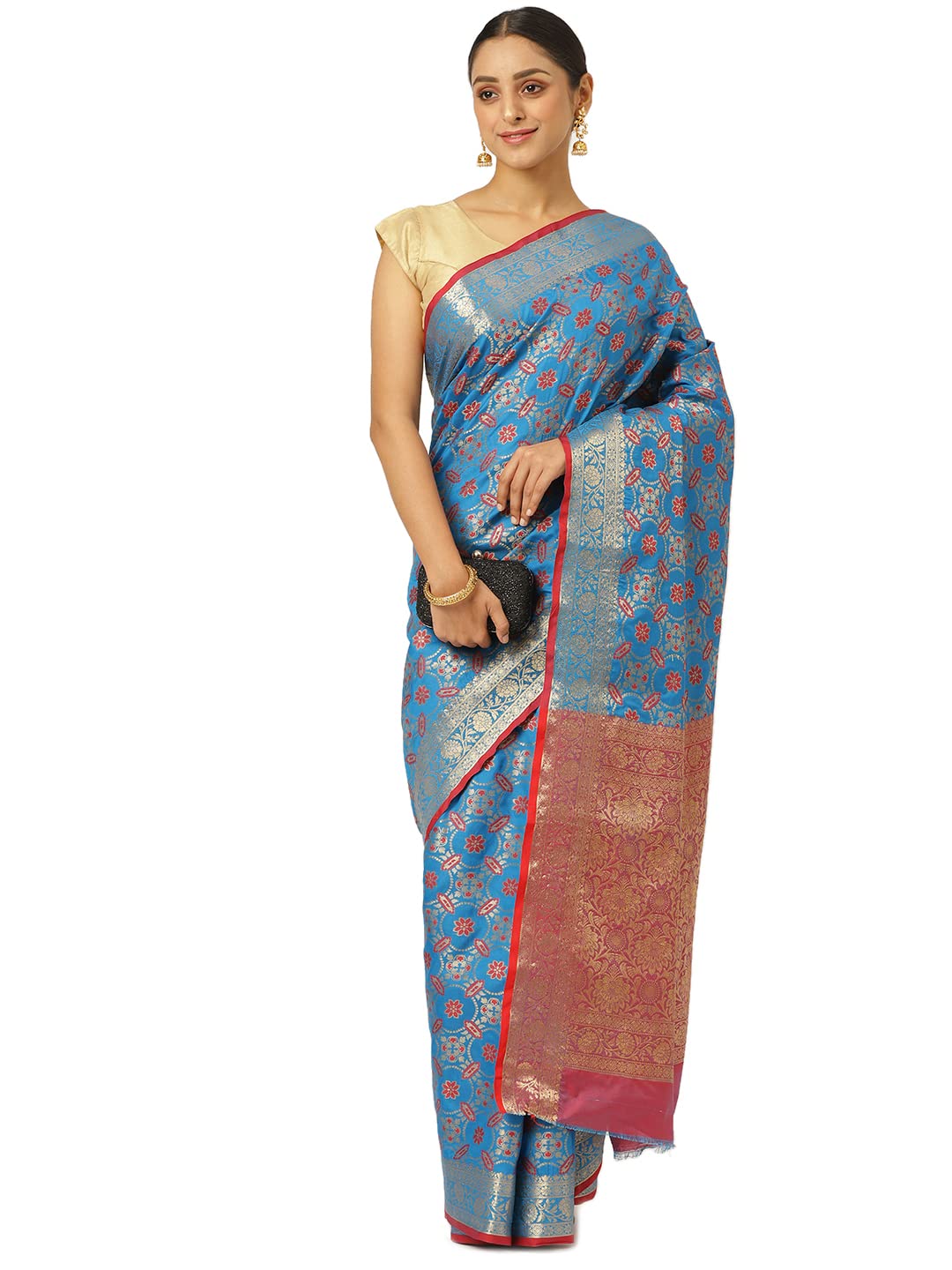 KARAGIRI Womens Banarasi Silk Blue Saree With Blouse Piece