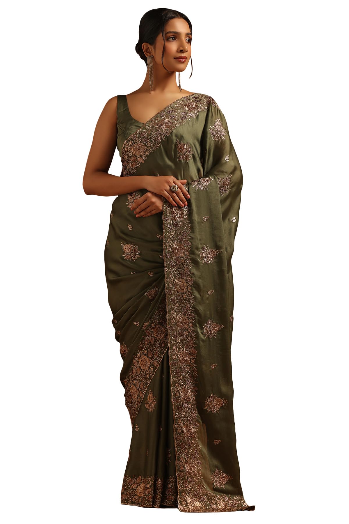 Soch Womens Green Fendy Chiffon Floral Saree With Stone Work