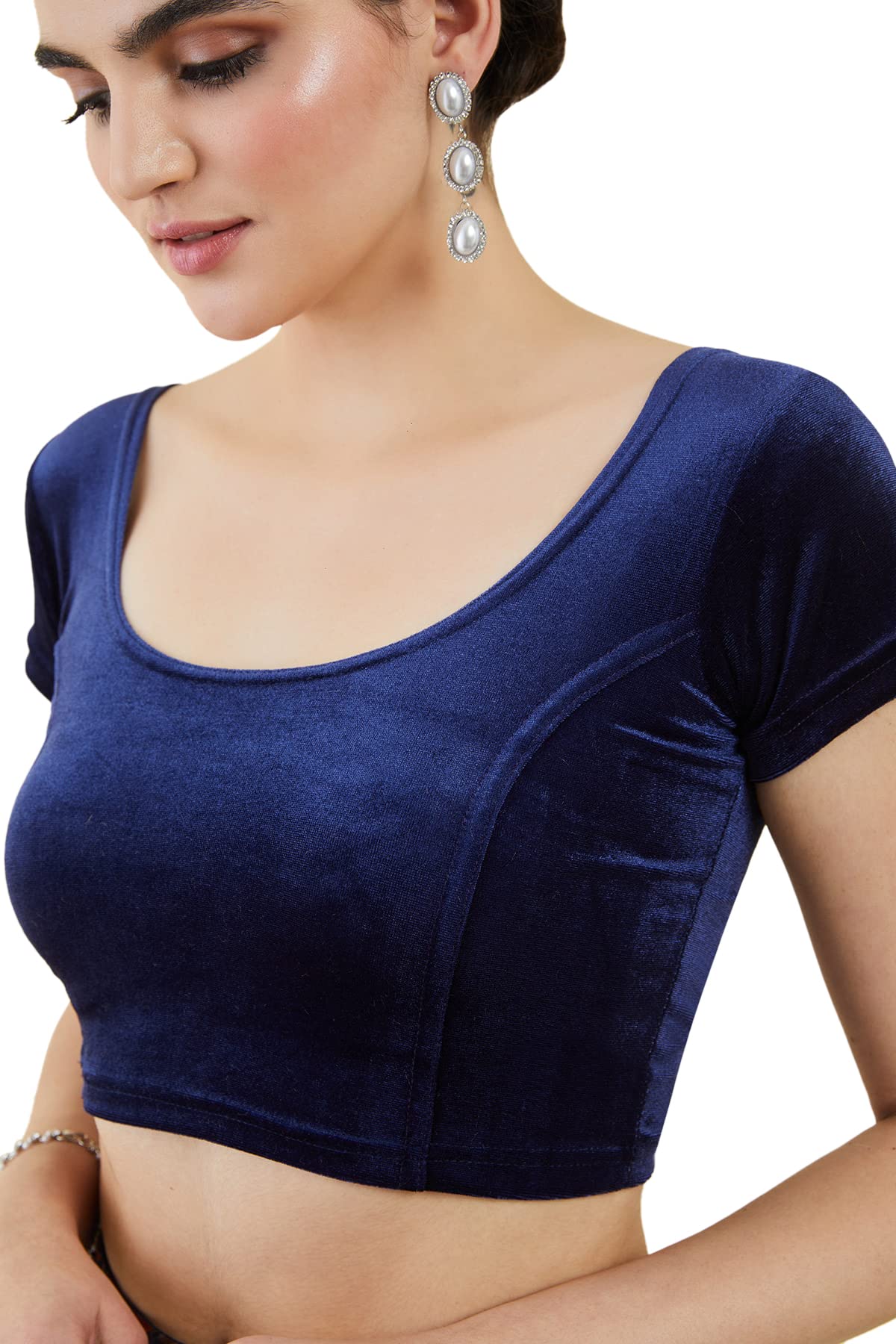 Soch Women Velvet Half Sleeve Navy Blue Princess Cut Blouse, 34