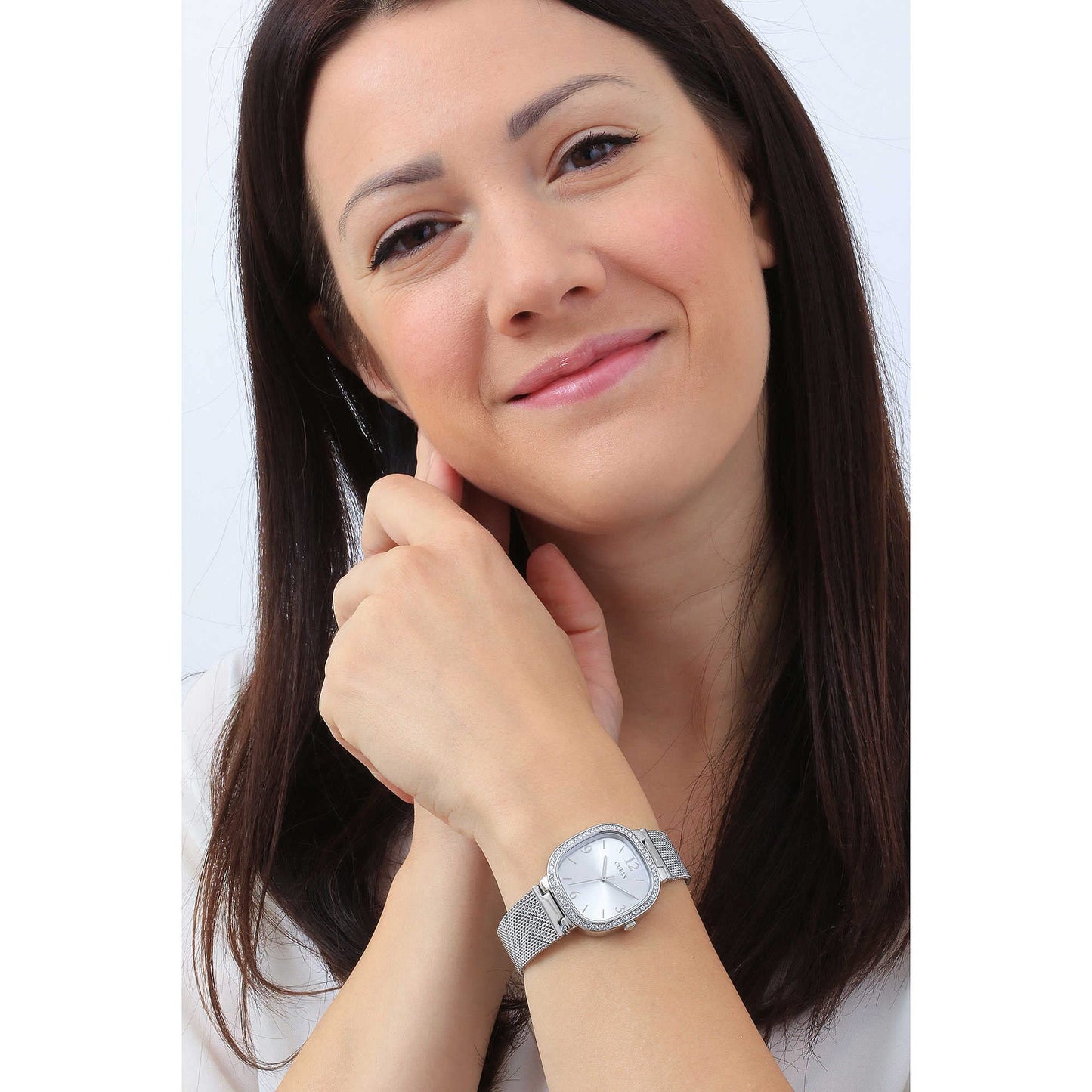 Guess Womens Quartz Analog Watch with Stainless Steel Strap, Silver, 15 (Model: Gw0354L1), Band Color:Silver