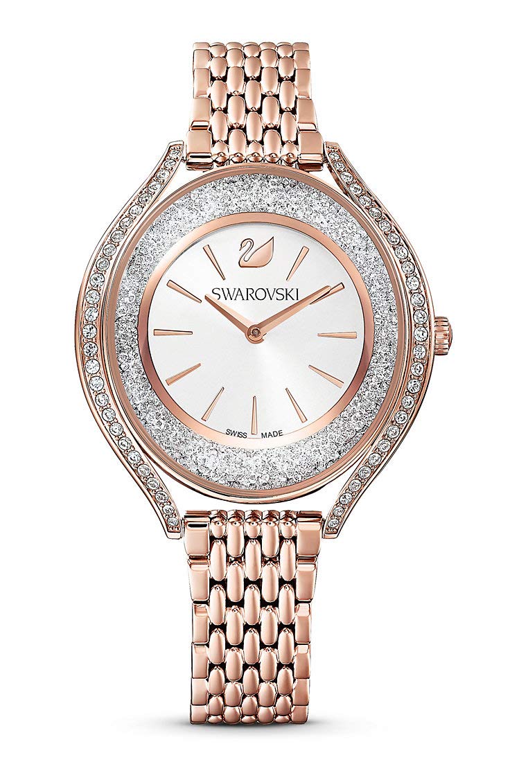 Swarovski Stainless Steel Women Crystalline Aura Analog Watch Rose Gold Tone Plated White One Size, Band_Brown