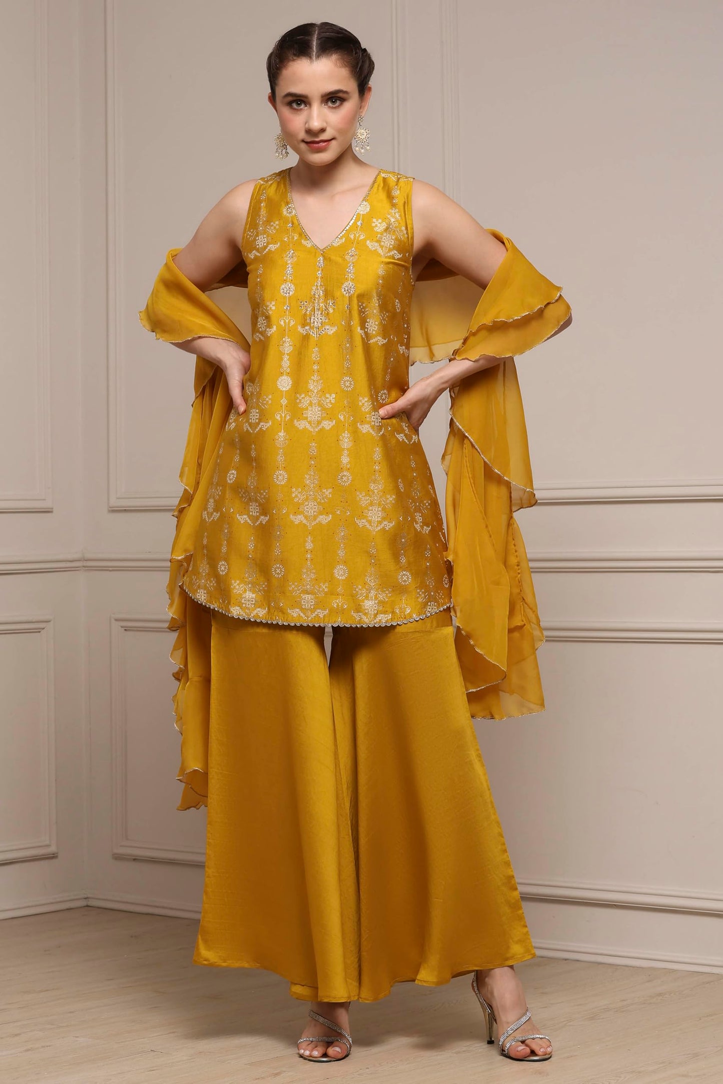 Biba Women Yellow Viscose Blend A-Line Printed Garara Suit Set_34
