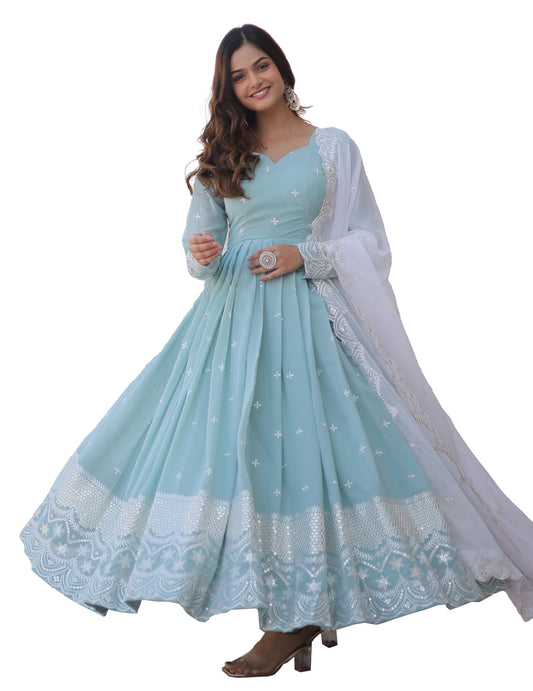 Fashion Basket Blue Women's Faux Georgette Anarkali Gown with Dupatta (Large)
