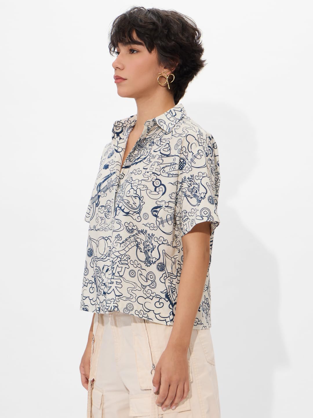 The Souled Store Official Donald Duck Originals: Chinese New Year Women & Girls Long Sleeve Collared Neck Button Down Regular Fit Cotton Shirts White and Blue