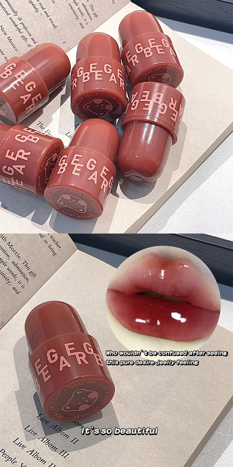 Gege Bear Seal Lip Jelly Lipstick for Women – Moisturizing Lip Mud, high-shine, lightweight, smooth application, non-sticky, nourishing, long-lasting, soft lips, glossy finish, comfortable wear, sheer tint, luminous glow, natural gloss, easy glide, beauty