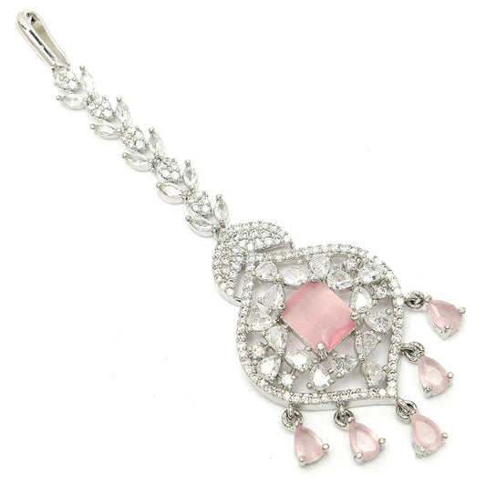 Zeneme Sparkling American Diamond Maang Tikka for Women | Elegant Floral Design Silver Plated Maang Tikka for Wedding - Traditional Head Jewellery for Women (Pink Moonbeam Charm Mangtika)