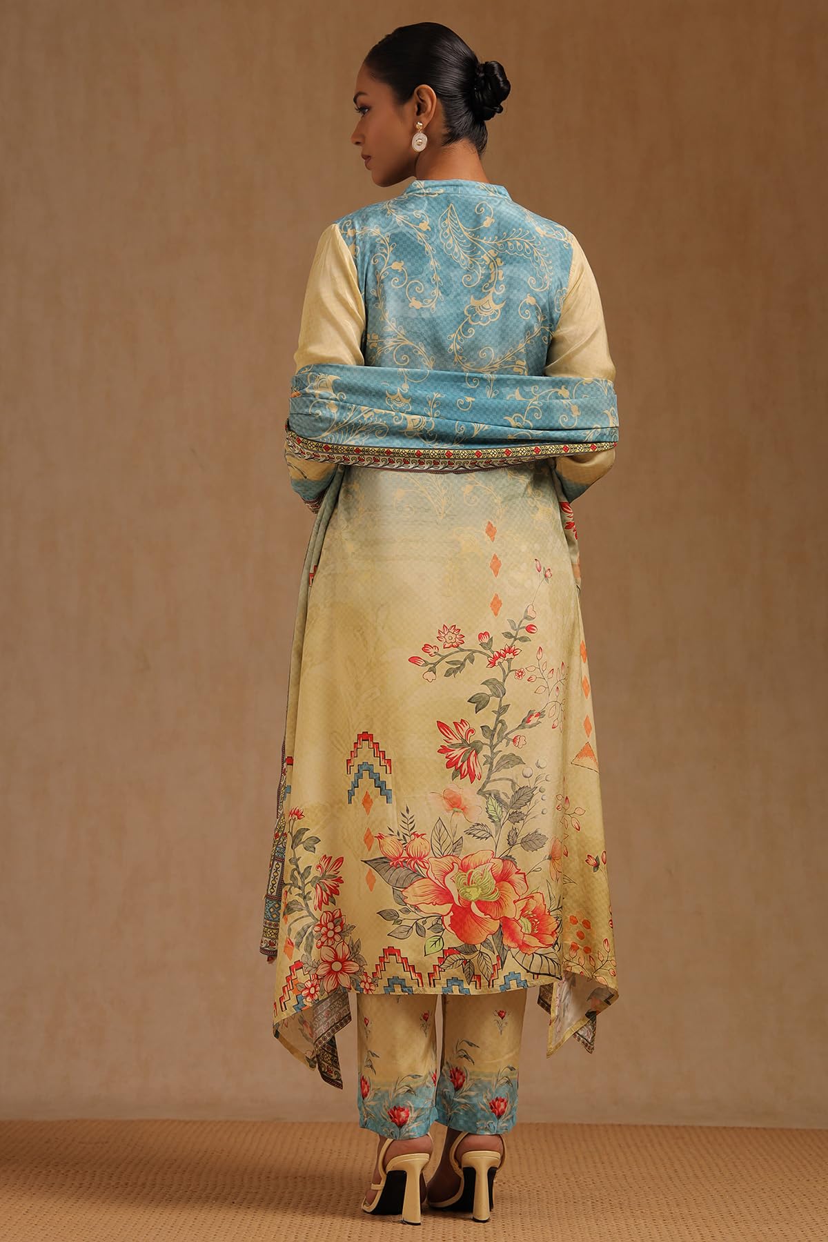 Soch Womens Yellow Muslin Floral Print Suit Set With Beads